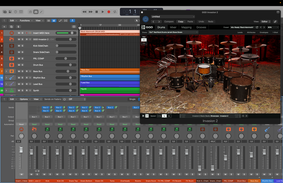 Mix-Ready Black Mammoth Deathcore Deathmetal Songwriting Template DAW GGD Invasion 2 Fit for an Autopsy Death Metal Progressive Alternative Djent Metalcore Drums Mixing DAW pre-mixed Logic Pro X