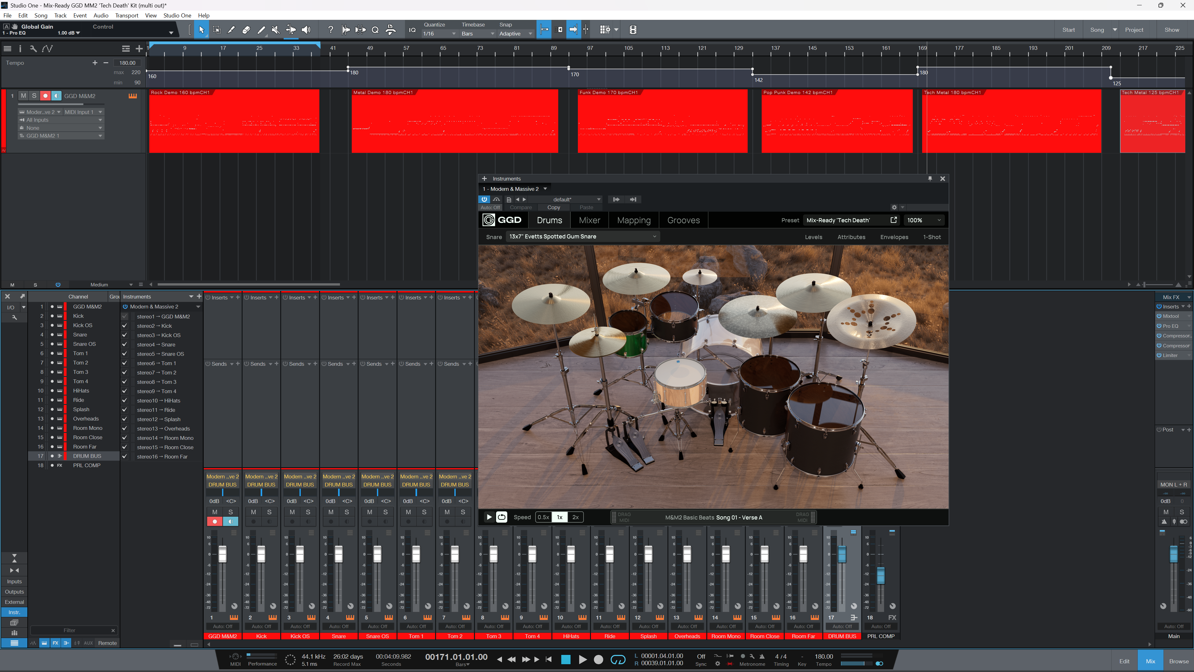 Mix-Ready GGD Modern & Massive 2 Tech Death Multi Out Routing DAW Mixing Template Technical Progressive Death Deathcore Metalcore Thrash Black Metal Slam Djent Blast Beats Studio One